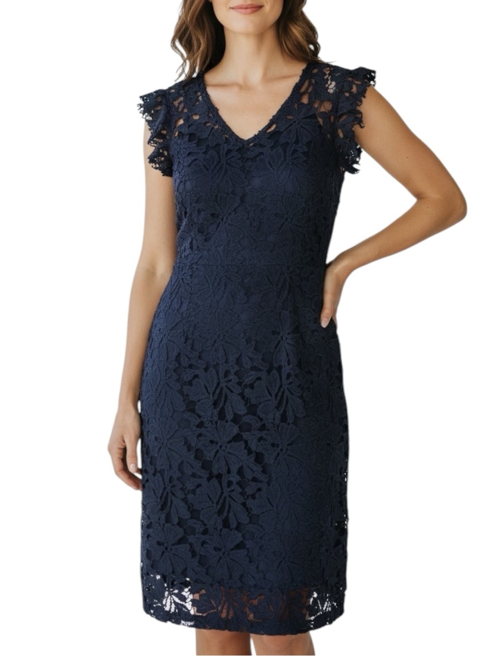 NWT JULIA JORDAN Navy Lace V-Neck Flutter Sleeve Raw Hem Lined Dress Size 4